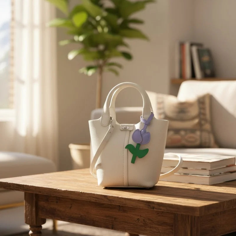 Dije para bolso de piel de tulipán pastel – Colgante de piel flor hecho a mano | Llavero de flor minimalista con un toque dulce | Regalo elegante para mujer