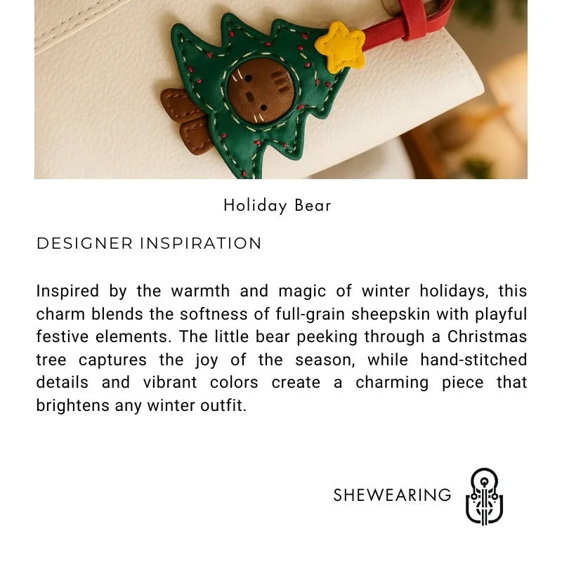 Handcrafted Christmas Tree Bear Leather Bag Charm – Full-Grain Sheepskin Holiday Pendant | Cute Festive Accessory for Handbags & Car Keys | Handmade Gift for Women