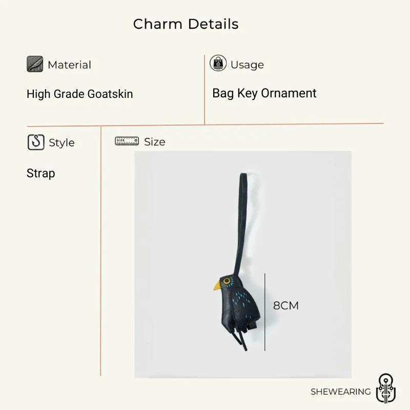 Dije de bolso de piel de pájaro negro hecho a mano – Llavero de piel hecho a mano con detalles bordados | Accesorio de inspiración artística minimalista | Regalo de diseño único para ella