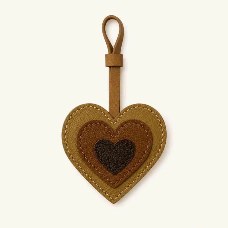 Layered Heart Leather Bag Charm – Handmade Genuine Lambskin Love Pendant with Strap | Handbag Keychain & Car Charm | Gift for Her
