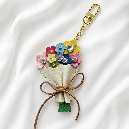 Garden Bloom Bouquet Leather Bag Charm – Handcrafted Floral Bouquet Charm with Crystal Accents for Totes & Handbags