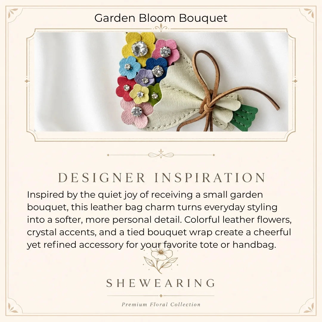 Garden Bloom Bouquet Leather Bag Charm – Handcrafted Floral Bouquet Charm with Crystal Accents for Totes & Handbags