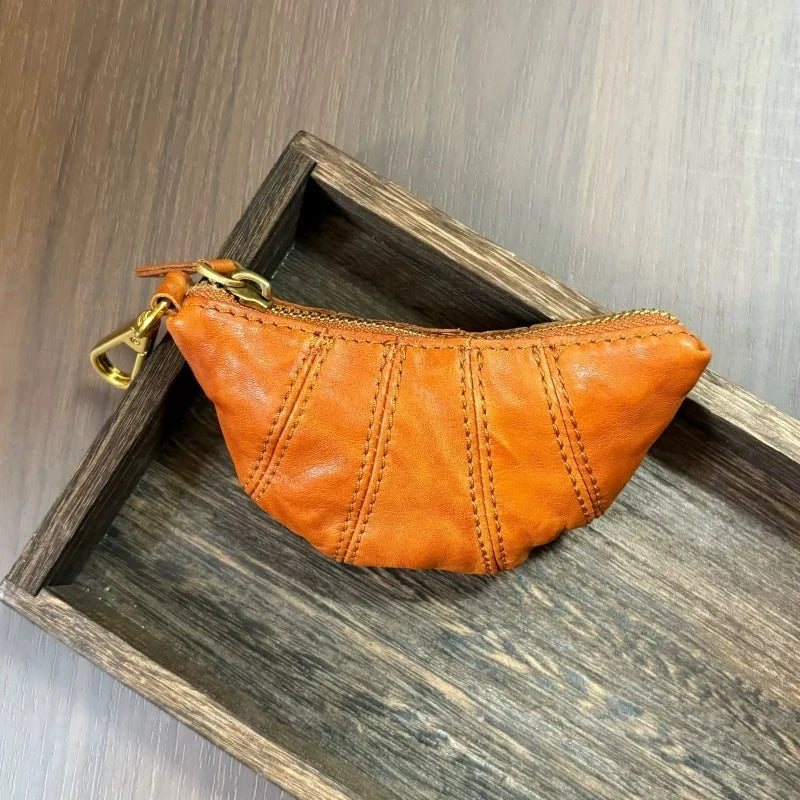 Croissant Leather Pouch Charm – Handmade Full-Grain Leather Mini Organizer | Lipstick & Coin Holder | Creative Vintage Bag Pendant