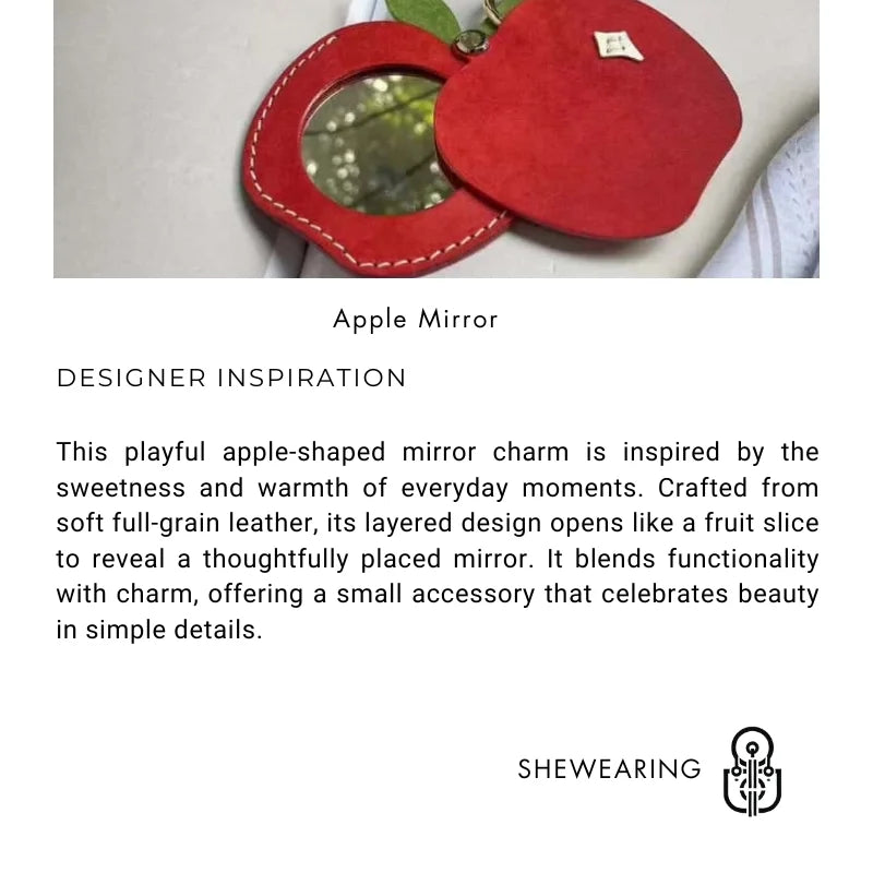 Apple-Themed Leather Mirror Bag Charm – Handmade Full-Grain Leather Compact Mirror | Cute Accessory for Handbags, Travel & Everyday Touch-Ups