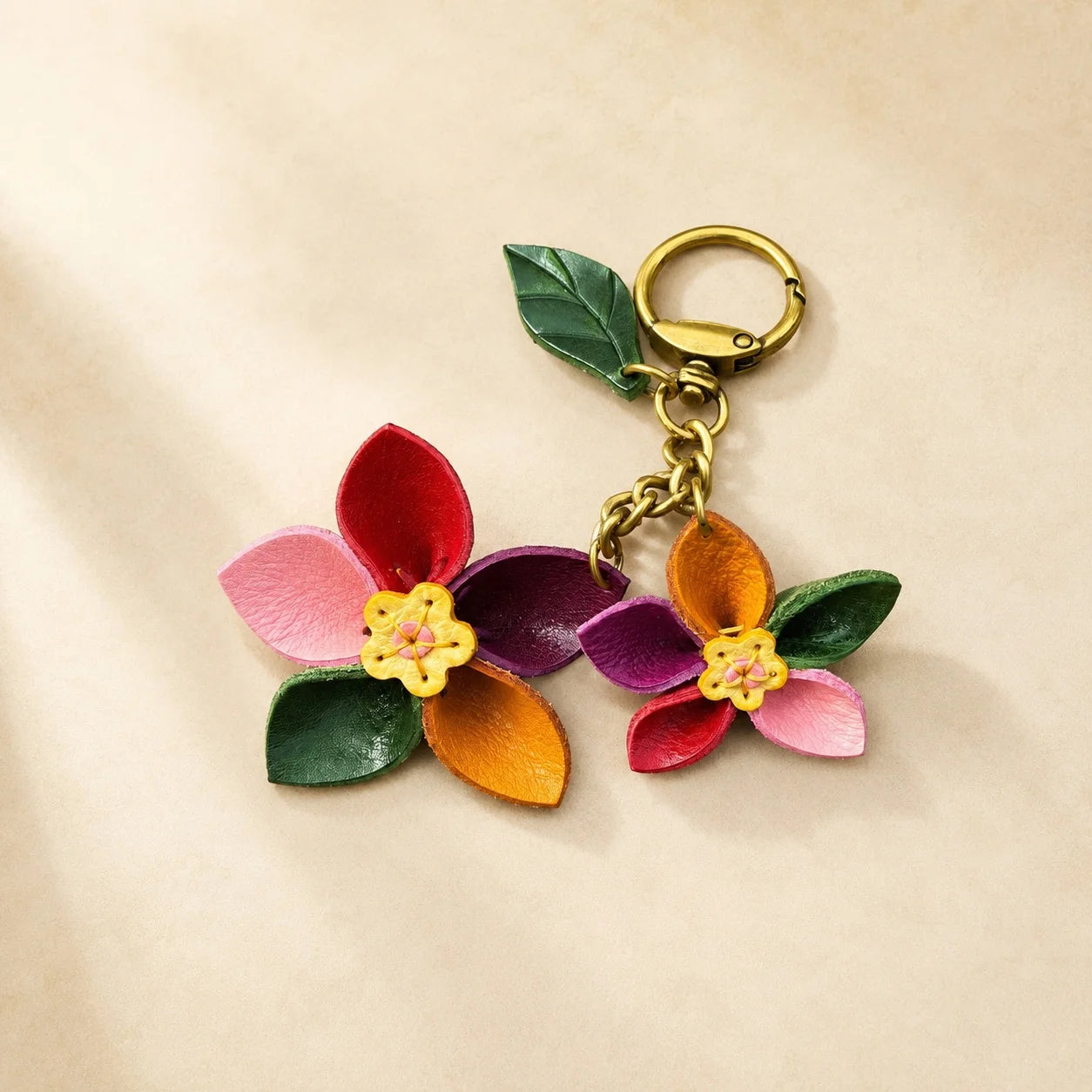 Colorful Double Floral Leather Bag Charm Handbag Accessory | Elegant Gift for Her