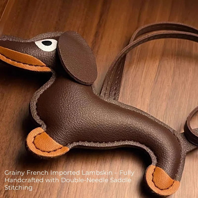 Choco Dachshund Leather Bag Charm – Handcrafted French Lambskin Pendant | Sausage Dog Keychain | Playful Gift for Pet Lovers