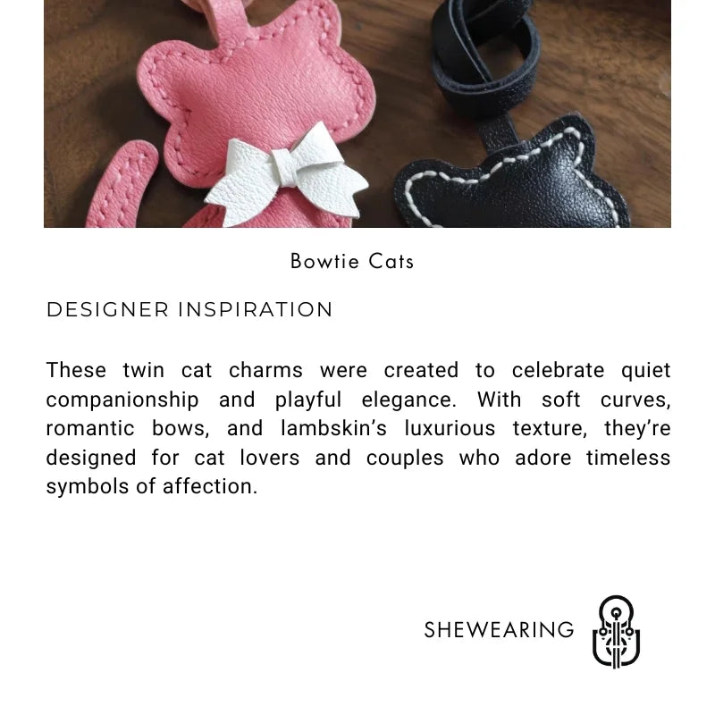 Couple Cat Leather Bag Charms – Handmade Lambskin Kitty Pendant with Bow | Cute Keychain Accessory for Lovers & Backpacks | Elegant Gift for Cat Fans