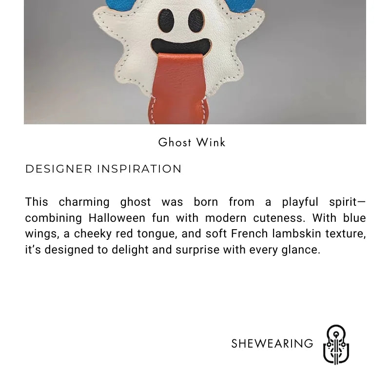 Playful Ghost Leather Bag Charm – Handmade French Lambskin Pendant with Blue Wings | Whimsical Backpack Accessory | Cute Halloween-Inspired Luxury Keychain