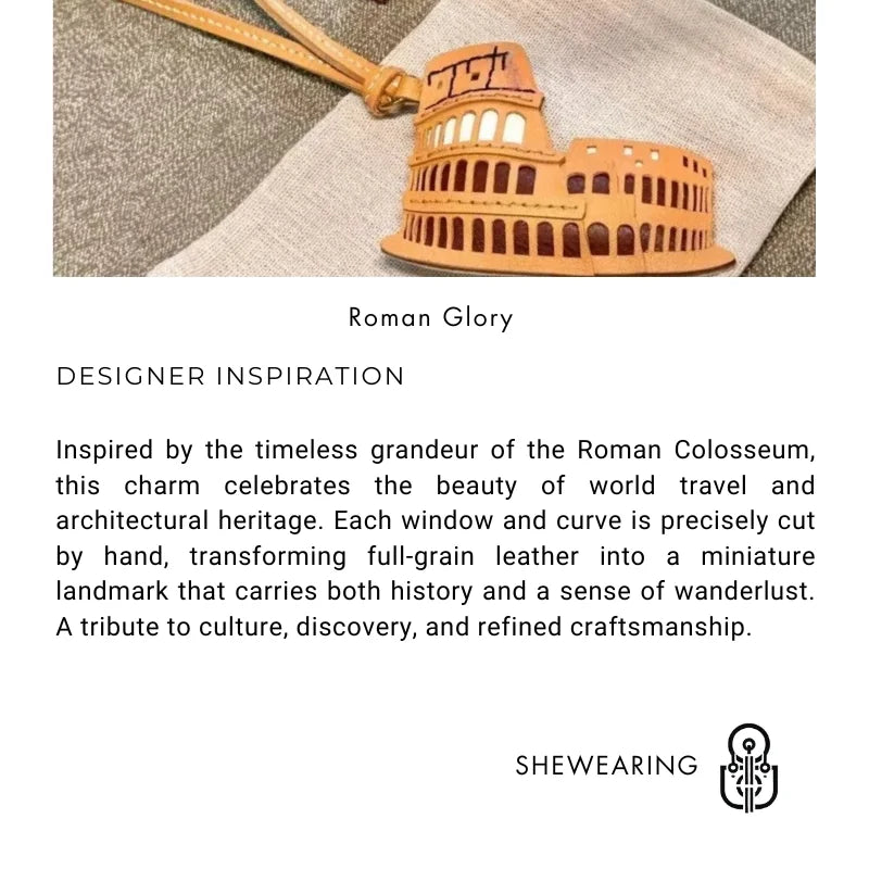 Roman Colosseum Leather Bag Charm – Handmade Full-Grain Landmark Pendant | Artistic Travel-Inspired Accessory for Handbags & Backpacks | Elegant Gift for Women Who Love Culture & History