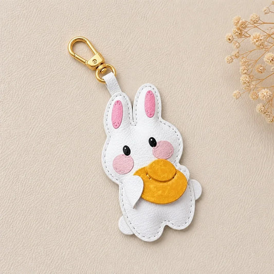 Amuleto de bolsa de piel Lucky Bunny – Llavero de conejo de piel de grano completo hecho a mano | Bonito accesorio de bolso con colgante de corazón y estrella | Regalo para ella