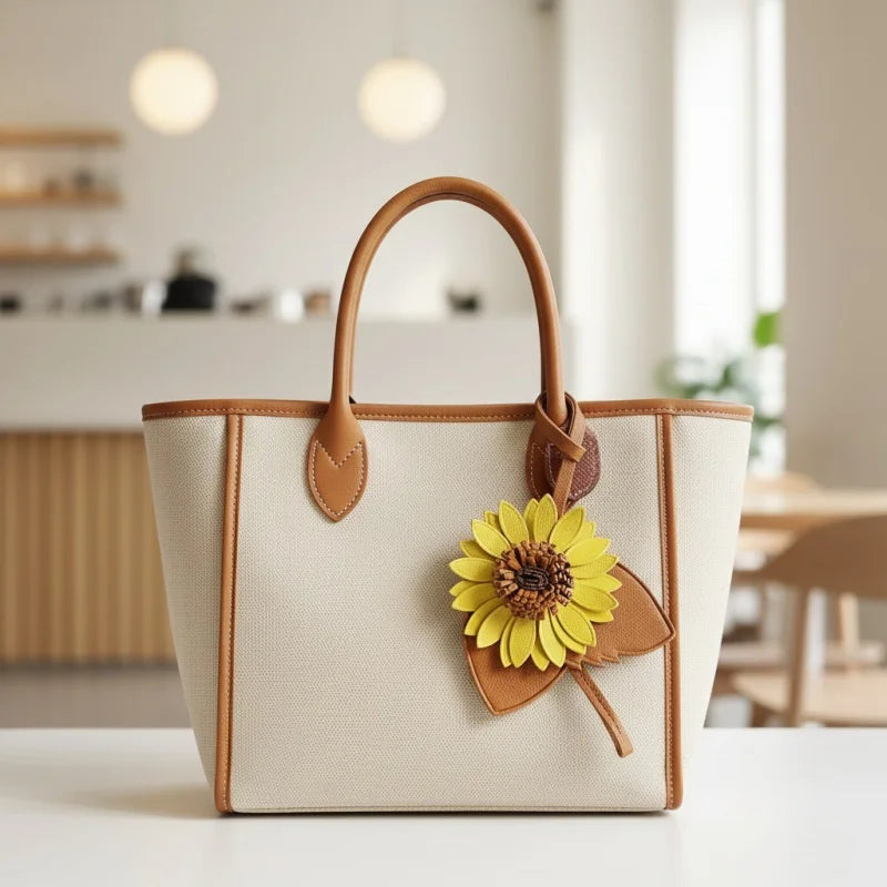 Sunflower Leather Bag Charm – Handmade Full-Grain Cowhide Pendant | Unique Artistic Keychain | Elegant Floral Handbag Accessory