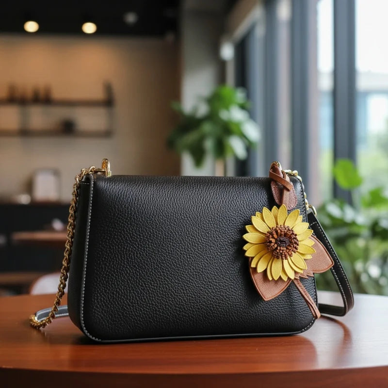 Sunflower Leather Bag Charm – Handmade Full-Grain Cowhide Pendant | Unique Artistic Keychain | Elegant Floral Handbag Accessory