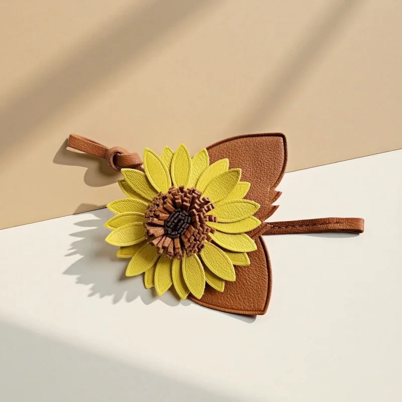 Sunflower Leather Bag Charm – Handmade Full-Grain Cowhide Pendant | Unique Artistic Keychain | Elegant Floral Handbag Accessory