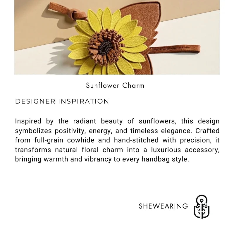 Sunflower Leather Bag Charm – Handmade Full-Grain Cowhide Pendant | Unique Artistic Keychain | Elegant Floral Handbag Accessory