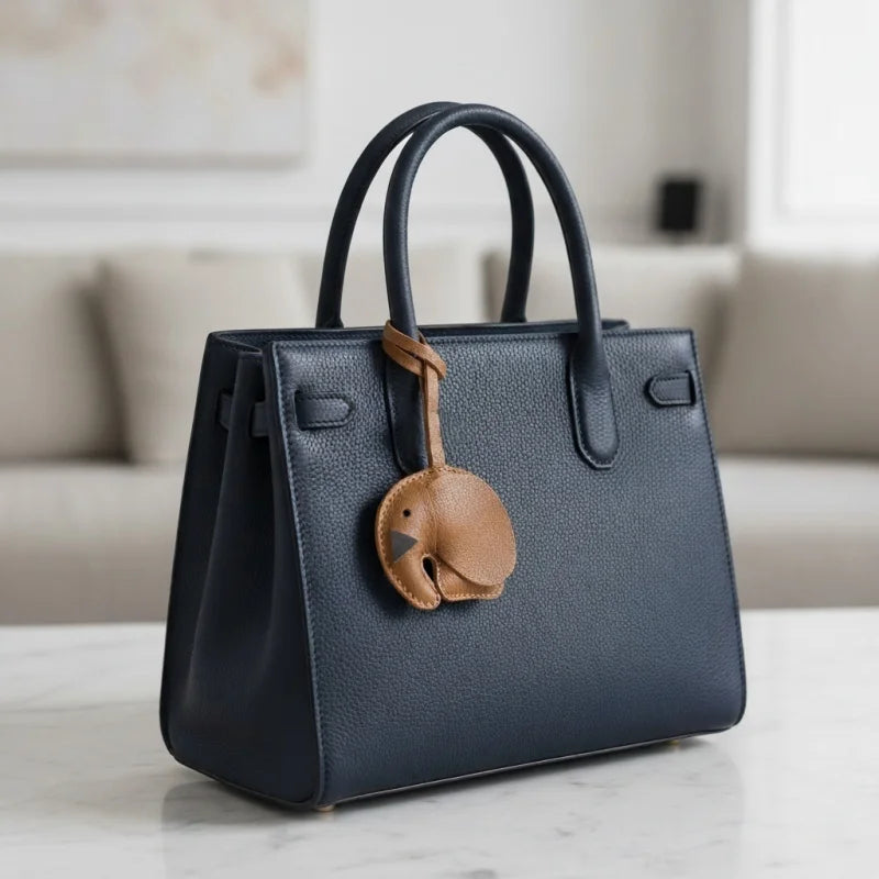 Minimalist Handcrafted Elephant Bag Charm | Double-Sided Full-Grain Leather Purse Accessory | Symbol of Luck & Wisdom Key Fob