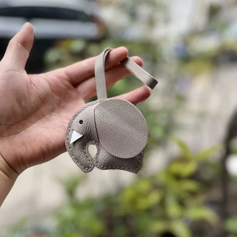 Minimalist Handcrafted Elephant Bag Charm | Double-Sided Full-Grain Leather Purse Accessory | Symbol of Luck & Wisdom Key Fob