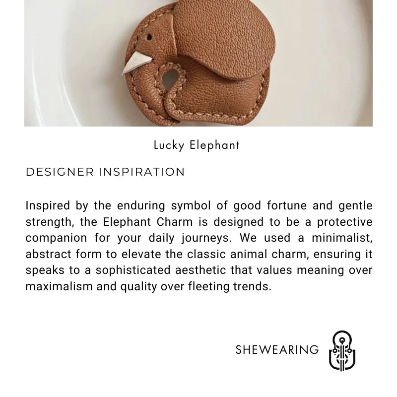 Minimalist Handcrafted Elephant Bag Charm | Double-Sided Full-Grain Leather Purse Accessory | Symbol of Luck & Wisdom Key Fob