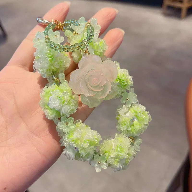 Glow Rose Crystal Phone Charm – Green Rose & Luminous Beaded Wrist Strap | Short Elegant Chain for Phones, Bags & Keys | Chic Inspired Accessory