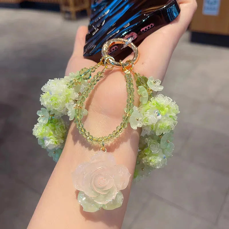 Glow Rose Crystal Phone Charm – Green Rose & Luminous Beaded Wrist Strap | Short Elegant Chain for Phones, Bags & Keys | Chic Inspired Accessory