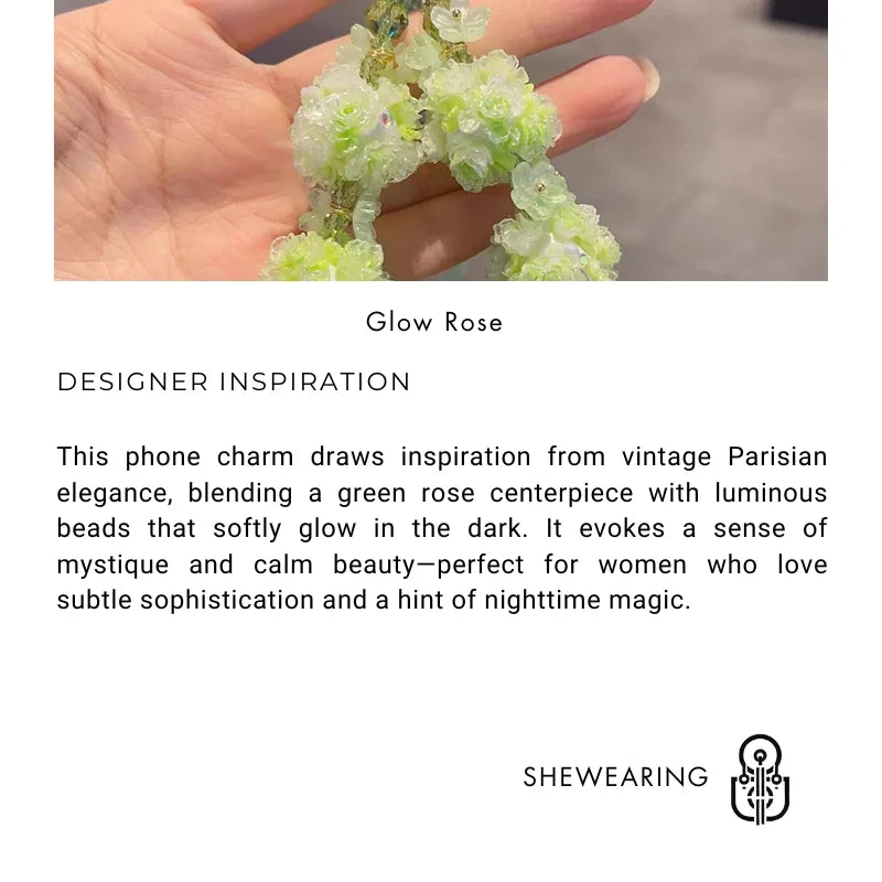 Glow Rose Crystal Phone Charm – Green Rose & Luminous Beaded Wrist Strap | Short Elegant Chain for Phones, Bags & Keys | Chic Inspired Accessory