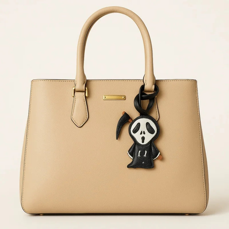 Dije de cuero para bolso de la Parca de Halloween – Llavero de cuero de plena flor hecho a mano | Colgante de fantasma espeluznante | Accesorio navideño único para mujer