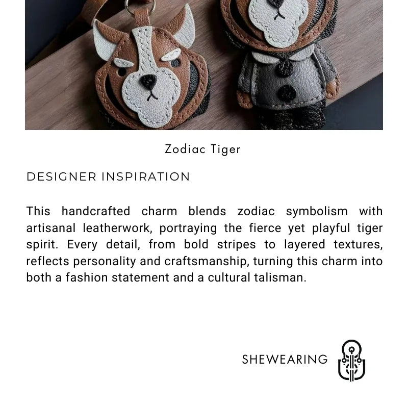 Designer Zodiac Tiger Leather Bag Charm – Handmade Animal Keychain Pendant | Premium Leather Craft Accessory | Unique Year of the Tiger Gift