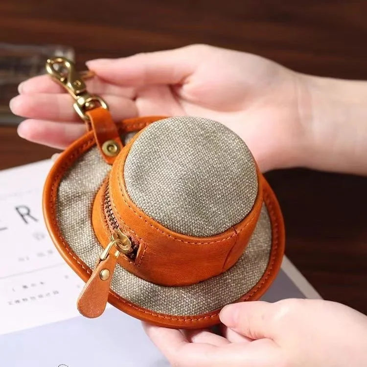 Vintage Canvas & Leather Hat Charm – Mini Lipstick Holder Coin Purse | Creative Bag Pendant Accessory | Cute Retro Organizer with Zipper