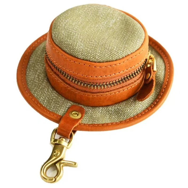 Vintage Canvas & Leather Hat Charm – Mini Lipstick Holder Coin Purse | Creative Bag Pendant Accessory | Cute Retro Organizer with Zipper