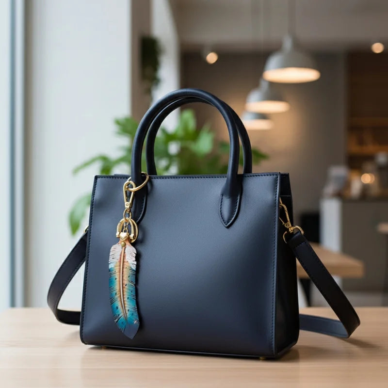 Original Nordic Feather Genuine Leather Charm – Handcrafted Full-Grain Cowhide Bag Accessory or Key Charm, Ethereal and Elegant, Perfect Gift for Nature Lovers