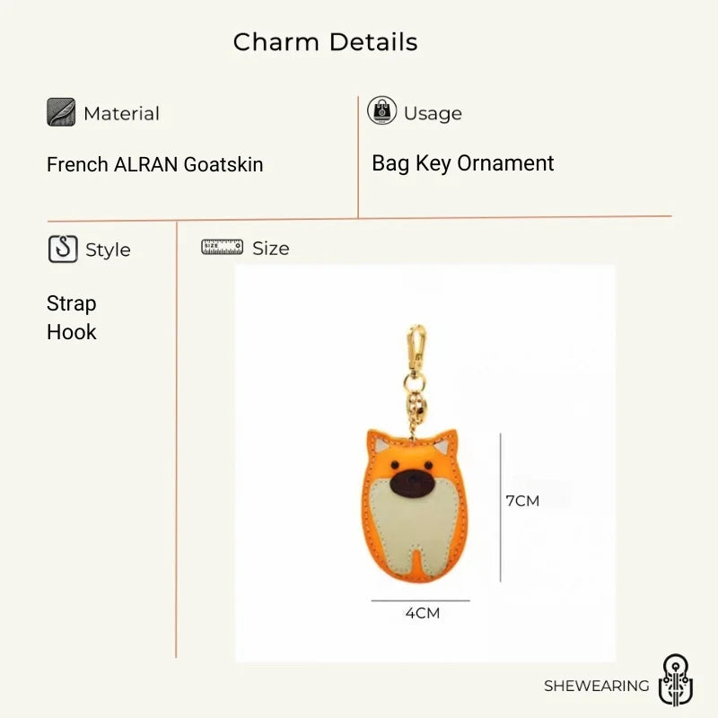 Shiba Inu Leather Dog Bag Charm – Handmade Full-Grain Cowhide Keychain | Cute Pet-Inspired Pendant for Handbags & Journals | Playful Gift for Dog Lovers