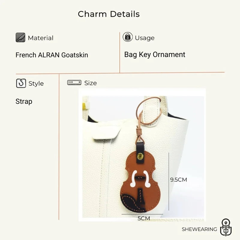 Vintage Violin Leather Bag Charm – Handmade Full-Grain Cowhide Pendant | Classical Music-Inspired Keychain for Bags | Retro Artisan Gift for Music Lovers