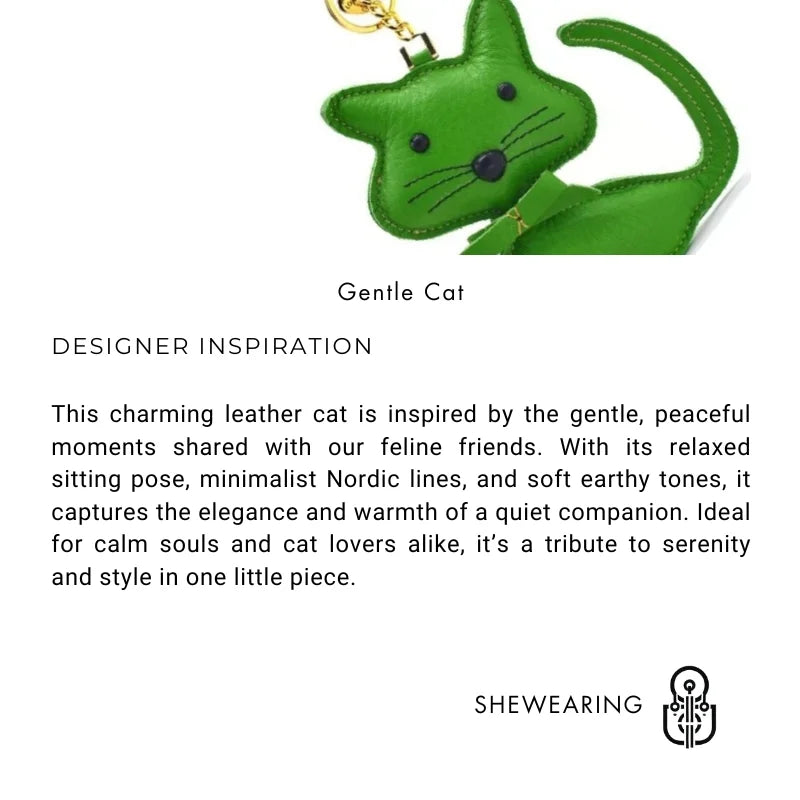 Nordic Gentle Cat Leather Bag Charm – Handmade Full-Grain Leather Keychain | Cute Animal Bookmark & Bag Pendant | Soft-Tone INS Gift for Cat Lovers