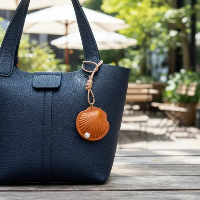 Elegant Scallop Shell Full-Grain Leather Bag Charm | Double-Sided Vintage-Style Purse Accessory with Faux Pearl Accent | Luxurious Collectible Key Fob