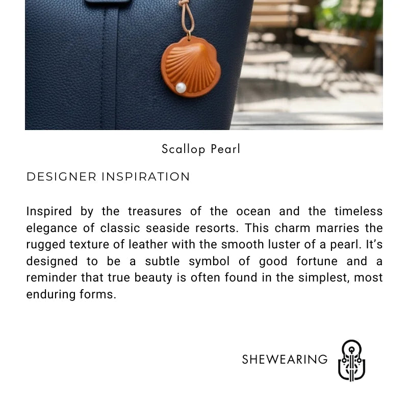 Elegant Scallop Shell Full-Grain Leather Bag Charm | Double-Sided Vintage-Style Purse Accessory with Faux Pearl Accent | Luxurious Collectible Key Fob