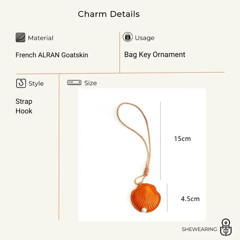 Elegant Scallop Shell Full-Grain Leather Bag Charm | Double-Sided Vintage-Style Purse Accessory with Faux Pearl Accent | Luxurious Collectible Key Fob