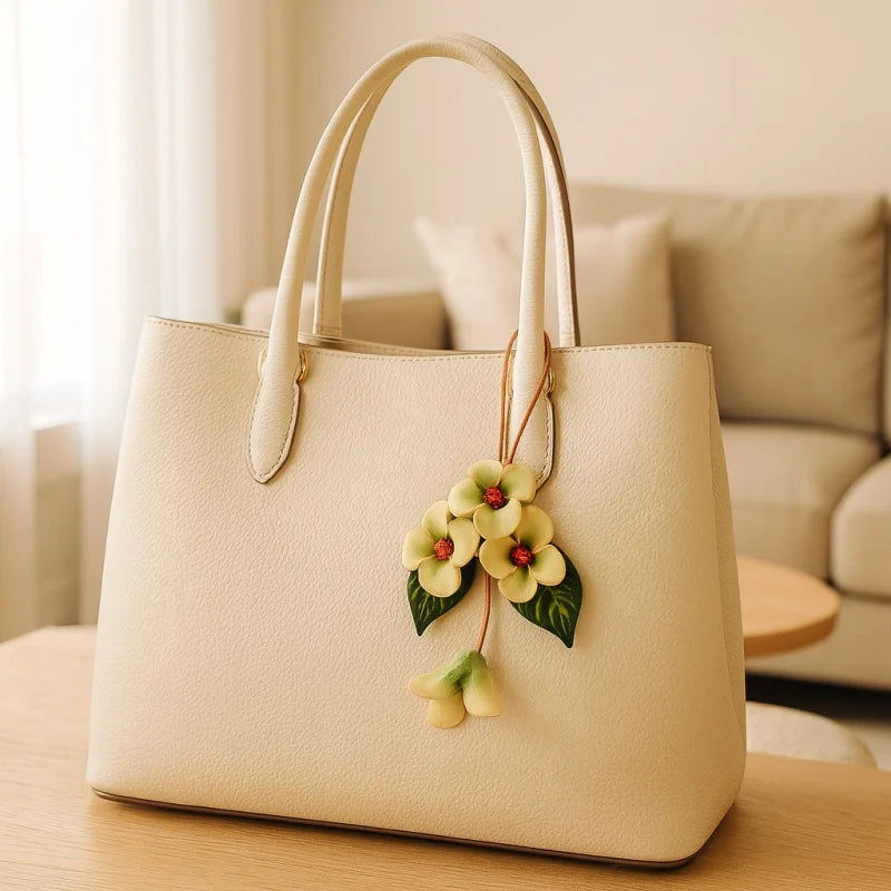 Dije para bolso de cuero "Flor de Amor" – Colgante de flor de cuero flor hecho a mano | Elegante llavero botánico | Regalo romántico para mujer