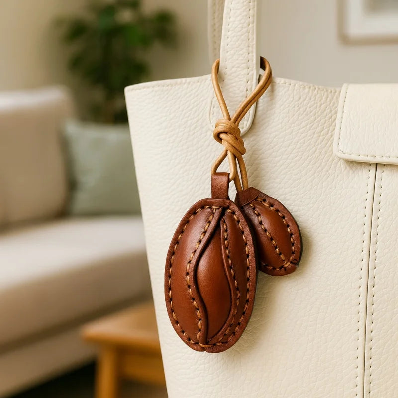 Dije nórdico para bolso de piel de grano de café – Colgante de piel de vaca de grano completo hecho a mano | Llavero minimalista con doble dije | Símbolo de calidez y confort