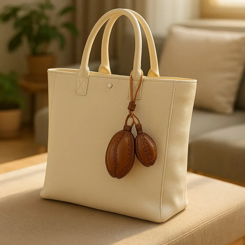 Dije nórdico para bolso de piel de grano de café – Colgante de piel de vaca de grano completo hecho a mano | Llavero minimalista con doble dije | Símbolo de calidez y confort