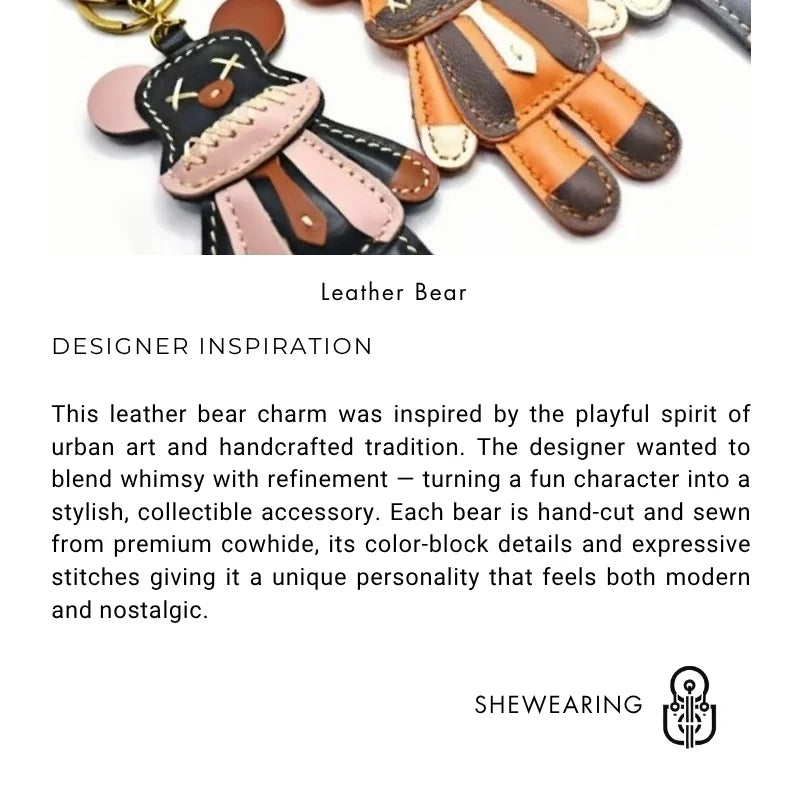 Handcrafted Leather Bear Bag Charm – Handmade Full-Grain Cowhide Pendant | Playful Designer Keychain | Trendy Gift for Fashion Lovers