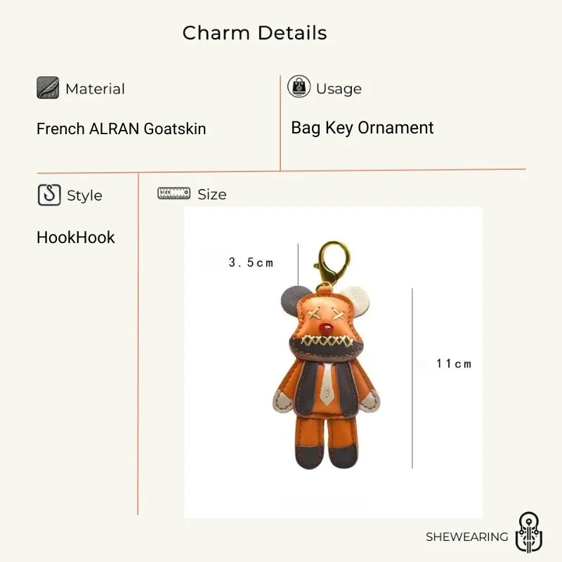 Handcrafted Leather Bear Bag Charm – Handmade Full-Grain Cowhide Pendant | Playful Designer Keychain | Trendy Gift for Fashion Lovers
