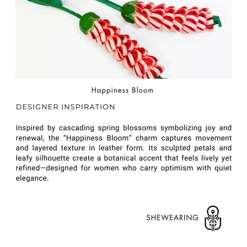 Llavero de bolso de piel "Flor de la Felicidad" hecho a mano – Colgante de borla floral de cuero de vaca de grano completo en 3D | Accesorio botánico artesanal para bolsos