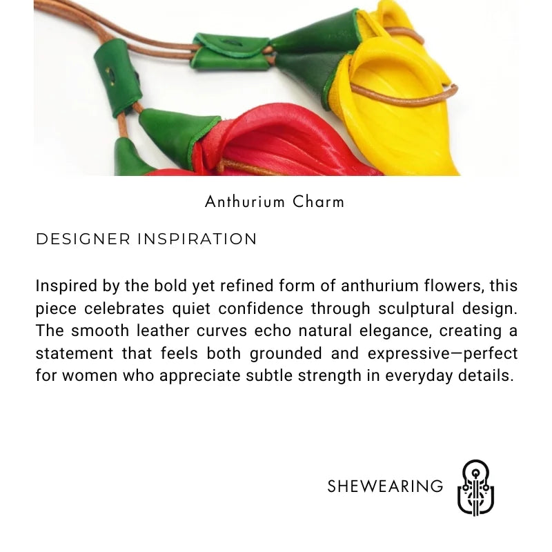 Lucky Anthurium Leather Bag Charm – Handmade Full-Grain Leather Floral Pendant | Nordic-Inspired Handbag Accessory Keychain | Gift for Her