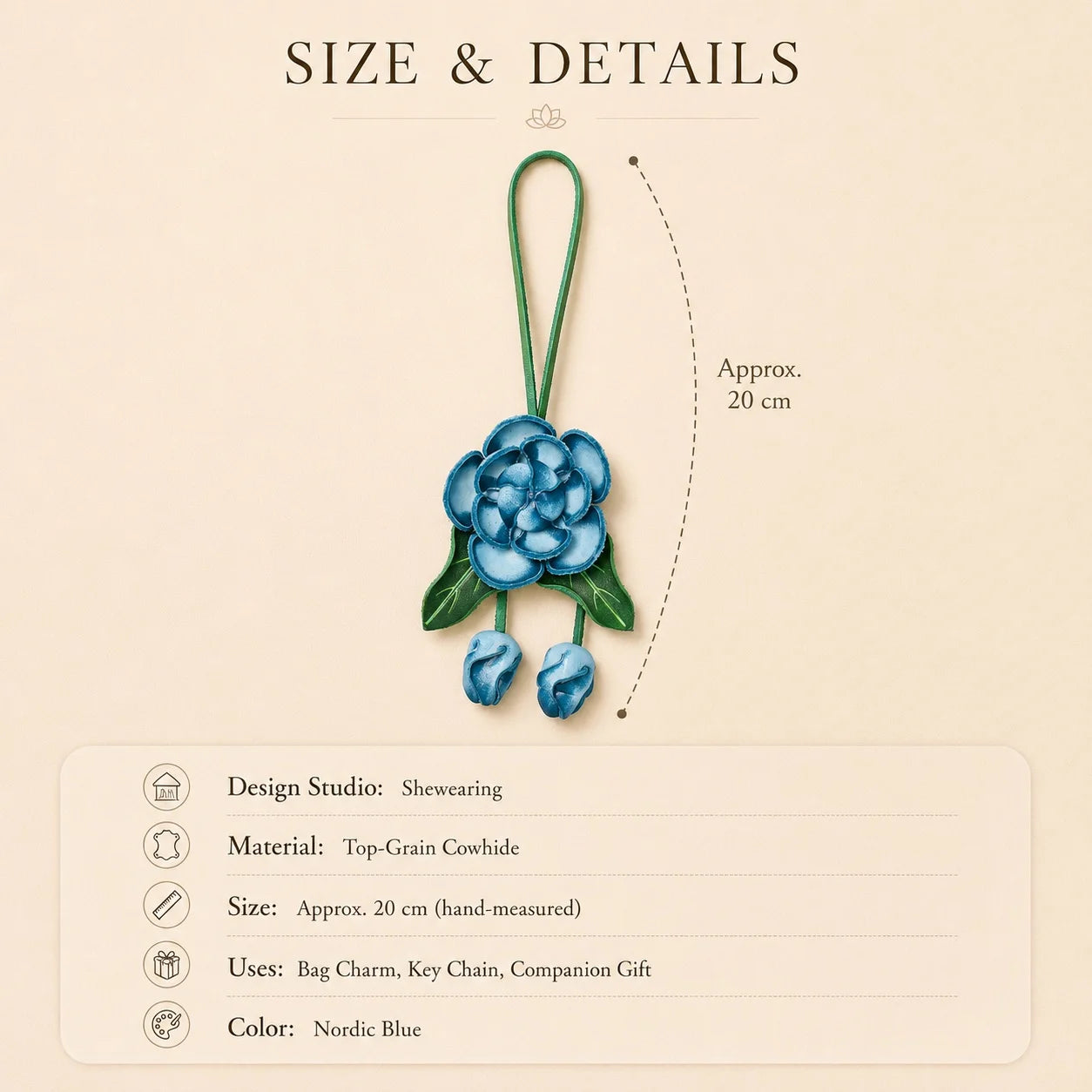 Handmade Leather Blue Flower Bag Charm, 3D Floral Handbag Charm Keychain, Elegant Purse Accessory Gift for Her