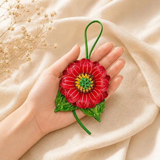 Llavero de bolso con diseño de flor de dalia roja de cuero hecho a mano, llavero floral 3D, regalo elegante para ella