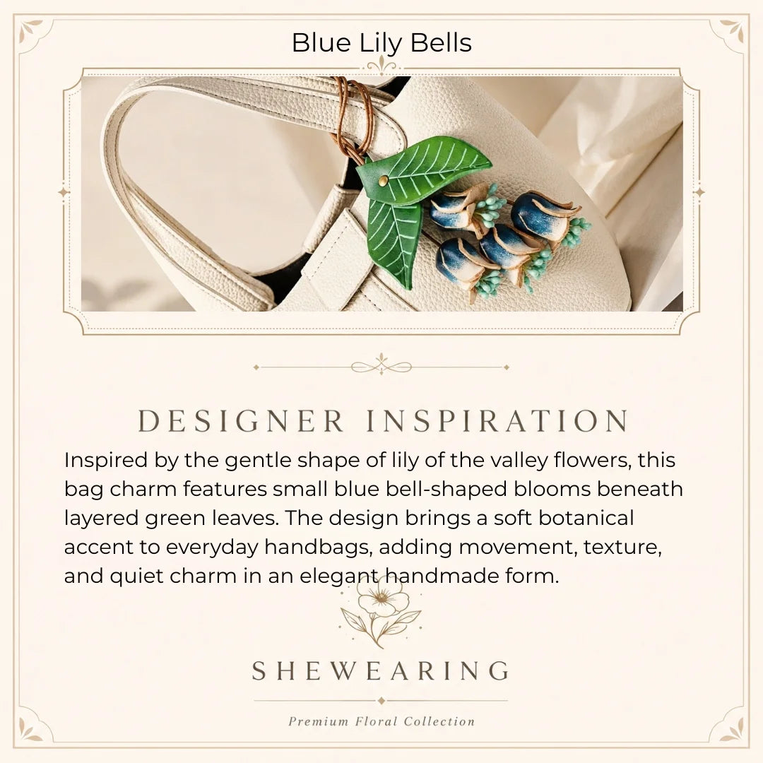 Handmade Leather Blue Lily of the Valley Bag Charm, Bell Flower Handbag Charm Keychain, Elegant Purse Accessory Gift for Her