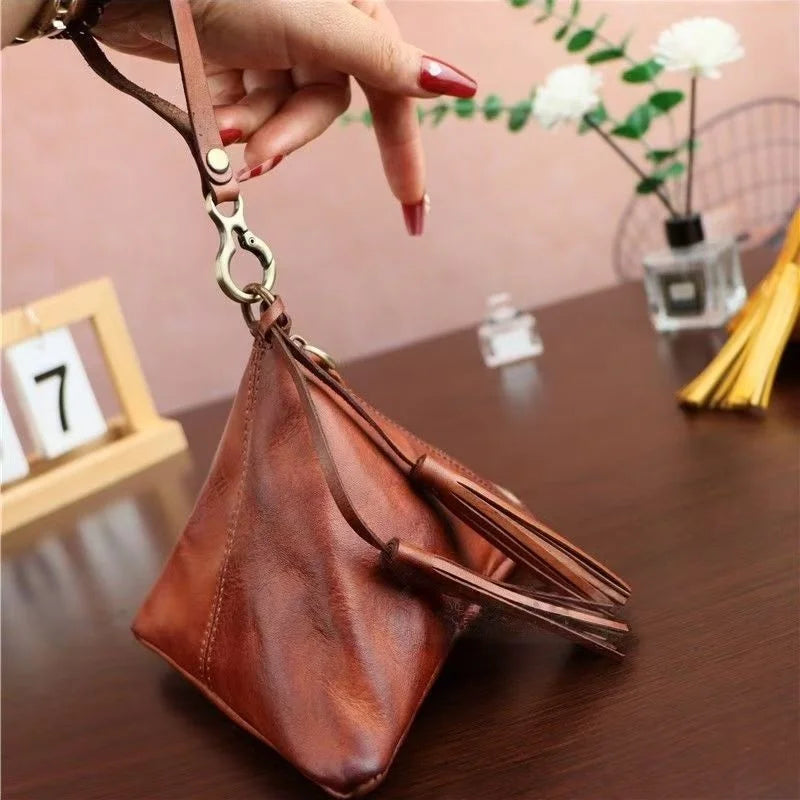 Vintage Leather Triangle Pouch – Handmade Cowhide Lipstick & Coin Case | Mini Zipper Bag Charm with Tassel | Retro Gift & Organizer