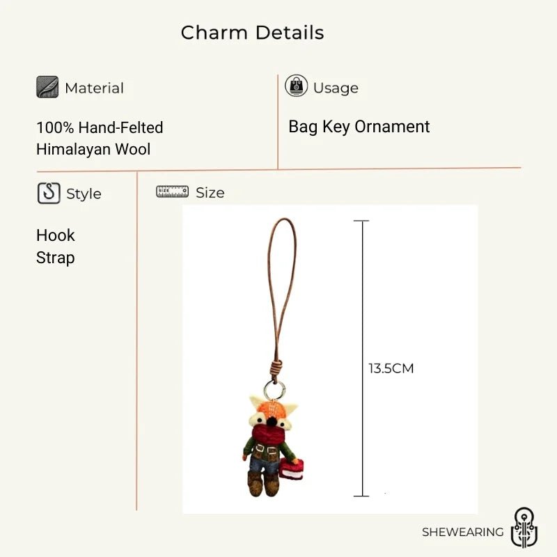 Bookish Fox Wool Charm – Handmade Felt Keychain | Cozy Green Sweater & Book - Loving Design | Slow Living Bag Pendant - shewearing