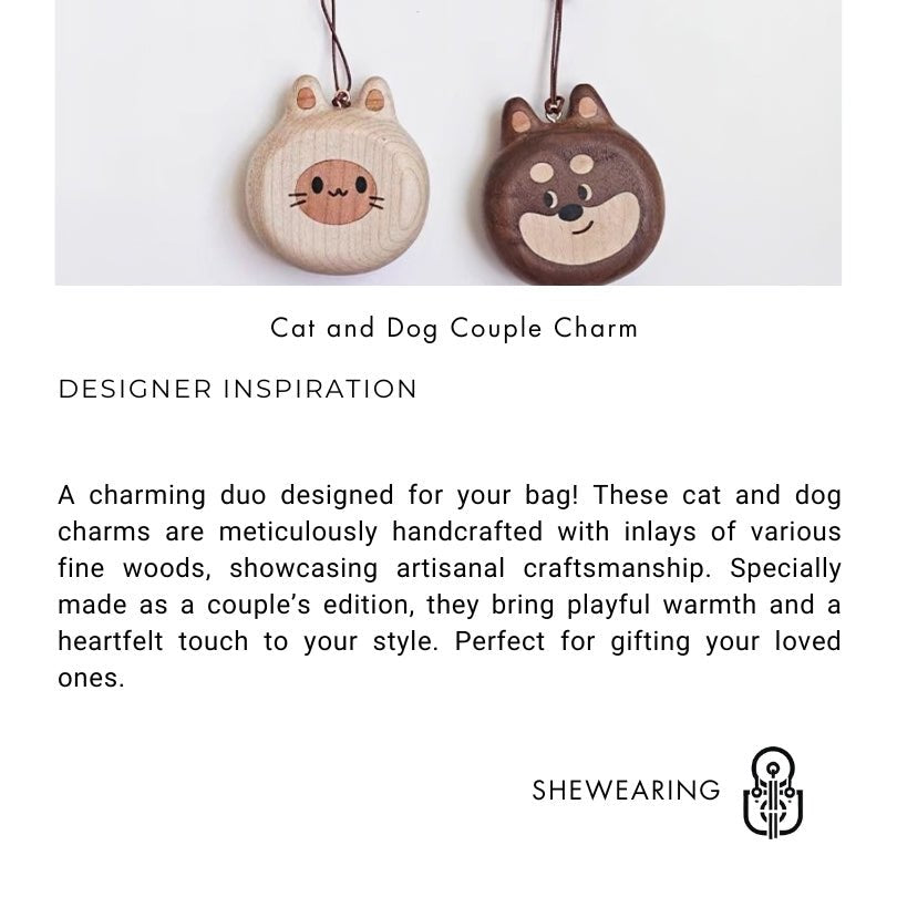 Cat and Dog Couple Charm | Handcrafted Wooden Bag Charm | Artisanal Gift for Friends and Couples | Unique Animal Design - shewearing