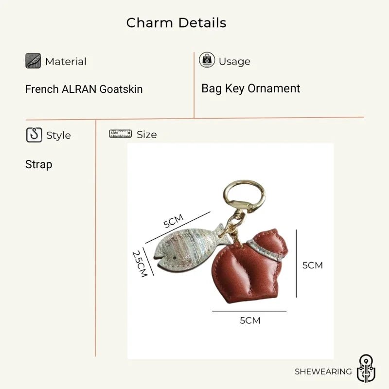 Cat & Fish Leather Bag Charm – Handmade French Goatskin Keychain | Whimsical Duo Pendant | Purse Accessory Gift for Cat Lovers - shewearing