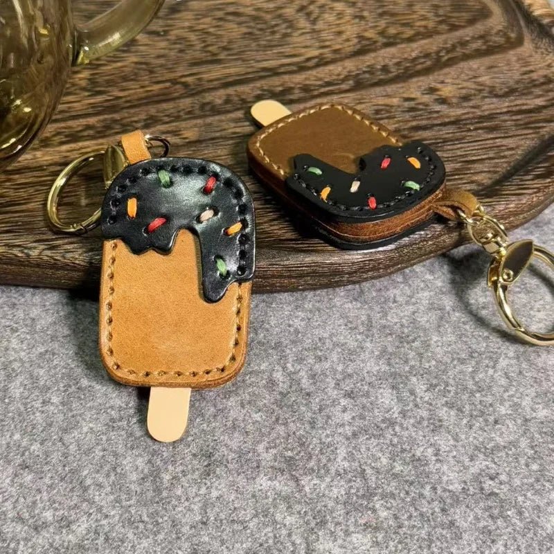 Chocolate Ice Cream Leather Bag Charm – Handmade Full - Grain Cowhide Keychain | Cute Popsicle Pendant for Handbags | Sweet & Stylish Gift Idea - shewearing
